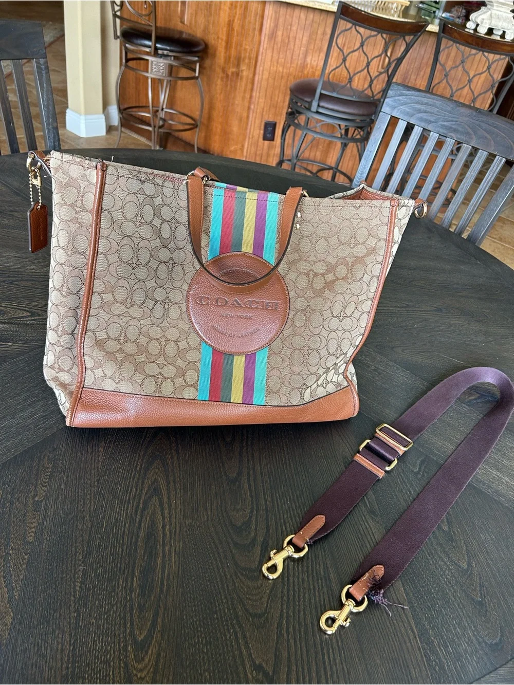 Coach Dempsey 40 Signature Jacquard Tote with Multicolor Center Stripe READ